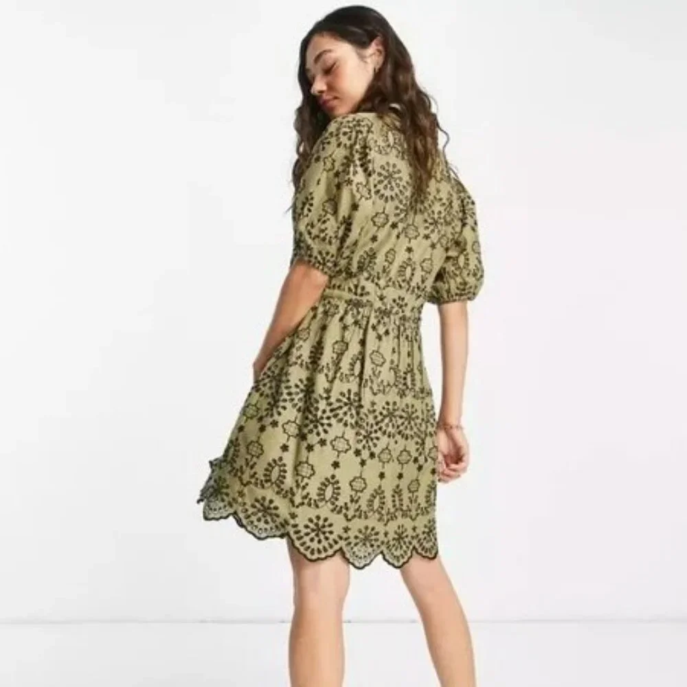 TOPSHOP green and black embroidered eyelet dress Sz 6 NWT 100% Cotton Boho - Picture 2 of 12